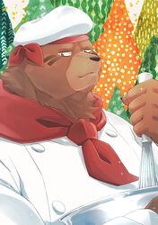  00makumakuma00 2020 5_fingers anthro bear black_nose brown_body brown_fur clothed clothing cooking dagger_(sdorica_sunset) facial_markings fingers fur hat head_markings headgear headwear hi_res kumao male mammal markings scarf sdorica solo topwear 