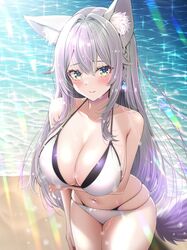  animal_ear_fluff animal_ears arm_at_side arm_up beach bikini blush breasts cleavage closed_mouth collarbone commentary_request female green_eyes grey_hair hair_between_eyes halterneck highleg highleg_bikini highres large_breasts layered_bikini long_hair looking_at_viewer navel ocean original solo standing string_bikini sunlight swimsuit tail uonuma_yuu very_long_hair wet white_bikini 