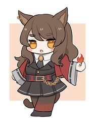  :o animal_ears arknights bad_id bad_pixiv_id black_footwear black_jacket black_pantyhose black_skirt blush_stickers brown_background brown_hair brown_pantyhose cat_ears cat_girl cat_tail chibi collared_shirt commentary_request ear_piercing female fire highres jacket long_hair long_sleeves looking_at_viewer orange_eyes pantyhose parted_lips piercing pleated_skirt red_jacket shirt shoes short_eyebrows skirt skyfire_(arknights) solo someyaya tail thick_eyebrows two-tone_background very_long_hair white_background white_shirt wide_sleeves 