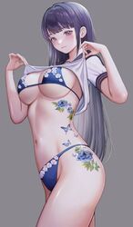  10_plus bikini blue_bikini blue_sailor_collar blush breasts clothes_lift collared_shirt commentary commission cowboy_shot expressionless female floral_print flower_tattoo grey_background hands_up highres large_breasts lifting_own_clothes long_hair micro_bikini navel navel_piercing original piercing purple_eyes purple_hair sailor_collar shirt shirt_lift short_sleeves sideboob sidelocks simple_background skeb_commission solo stomach swimsuit tattoo twitter_username underboob watermark white_shirt 