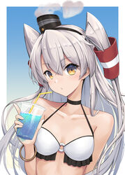  amatsukaze_(kancolle) bikini black_choker choker commentary drink drinking_straw female grey_hair hair_tubes highres holding holding_drink kantai_collection kodama_(mmt_uf) long_hair o-ring o-ring_bikini solo swimsuit two_side_up upper_body white_bikini yellow_eyes 