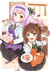  100ton250 2girls alternate_costume apron blue_eyes brown_hair commentary_request cookie food headband highres hololive kitchen light_purple_hair long_hair looking_at_viewer multiple_girls murasaki_shion natsuiro_matsuri open_mouth plate virtual_youtuber yellow_eyes 