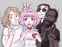  3boys :d andy_morin beard black_hair blonde_hair brown_eyes collar death_grips double_v facial_hair female green_eyes idolmaster idolmaster_cinderella_girls looking_at_viewer mc_ride multiple_boys oerba_yun_fang pink_eyes pink_hair psicochurroz real_life smile sunglasses v yumemi_riamu zach_hill 