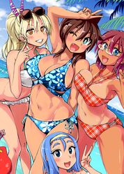  4girls absurdres amano_megumi amano_megumi_wa_suki_darake! aqua_eyes arm_behind_back arm_up bead_bracelet beads bikini blonde_hair blue_bikini blue_eyes blue_hair blush bracelet breasts bright_pupils brown_hair day dutch_angle eyewear_on_head floral_print grin hairband halterneck high_ponytail highres jewelry large_breasts long_hair looking_at_viewer misawa_mio multiple_girls navel nekoguchi oerba_yun_fang official_art one-piece_tan one_eye_closed onizuka_kaede open_mouth outdoors plaid plaid_bikini ponytail red_bikini red_hair rimless_eyewear round_eyewear short_hair side-tie_bikini_bottom single_bang smile swimsuit tamaki_shiori tan tanlines v yellow_eyes 