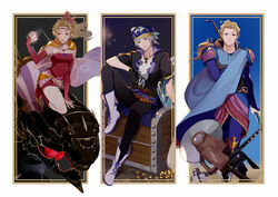  2boys arm_warmers bandana black_pants blonde_hair boots bow breasts cape circular_saw closed_mouth coin day drill earrings edgar_roni_figaro female final_fantasy final_fantasy_vi grey_hair hairbow holding holding_weapon jewelry locke_cole long_hair looking_at_viewer multiple_boys outdoors pants saw sitting terra_branford treasure_chest weapon white_footwear yawai_tofu 