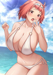  bare_shoulders beach bikini blue_sky blush breasts cleavage cloud collarbone commission day female hairband halterneck highres kannko_bokujou large_breasts navel nina_dragnot o-ring o-ring_bikini ocean open_mouth orange_hair outdoors sand shingeki_no_bahamut shingeki_no_bahamut:_virgin_soul shore short_hair side-tie_bikini_bottom skeb_commission sky solo standing swimsuit thighs water white_bikini 