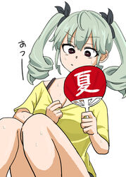  anchovy_(girls_und_panzer) black_eyes black_ribbon bra_strap breasts casual cleavage clothes_pull commentary drill_hair female frown girls_und_panzer green_hair hair_ribbon hand_fan hand_fan_writing highres holding holding_fan kanji looking_at_viewer medium_breasts medium_hair natsume_mina paper_fan parted_lips pulling_own_clothes ribbon shirt shirt_pull short_sleeves simple_background sitting solo sweat t-shirt translated twin_drills twintails white_background yellow_shirt 