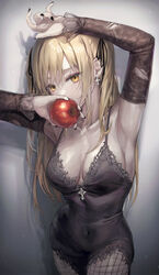  absurdres aibek amane_misa apple arm_up armpits black_dress black_nails blonde_hair breasts cleavage collarbone covered_navel cross cross_earrings death_note dress earrings female fishnet_pantyhose fishnets food fruit gradient_background grey_background hair_ornament highres holding holding_food holding_fruit jewelry large_breasts long_hair looking_at_viewer nail_polish pantyhose simple_background solo yellow_eyes 