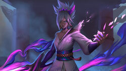  absurdres aura bare_shoulders belt blue_eyes breasts choker cleavage closed_mouth collarbone dark_aura dust dust_cloud earrings eyeshadow facial_mark female fingernails flower glowing glowing_sword glowing_weapon hair_over_one_eye highres holding holding_flower holding_sword holding_weapon horns japanese_clothes jewelry kong_ling_hai league_of_legends long_hair makeup patterned patterned_clothing petals pink_flower purple_choker purple_eyeshadow purple_horns purple_lips riven_(league_of_legends) rope rope_belt single_bare_shoulder single_horn solo spirit_blossom_(league_of_legends) spirit_blossom_riven sword tiara torii weapon white_hair 