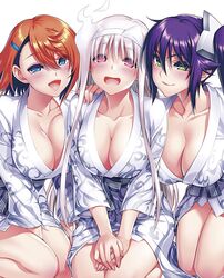  3girls ameno_sagiri_(yuragisou_no_yuuna-san) asymmetrical_bangs bath_yukata between_legs blue_eyes blush breasts cleavage closed_eyes collarbone ghost green_eyes hair_ornament hairclip hand_between_legs hand_on_another&#039;s_shoulder highres japanese_clothes kimono large_breasts long_hair long_sleeves looking_at_viewer miura_tadahiro miyazaki_chisaki multiple_girls non-web_source official_art open_mouth orange_hair own_hands_together pink_eyes purple_hair short_hair side_ponytail smile take_your_pick triangular_headpiece v_arms white_hair yukata yunohana_yuuna yuragisou_no_yuuna-san 