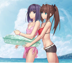  2girls alternate_costume alternate_hairstyle aozaki_aoko beach belt belt_buckle bikini black_eyes black_hair black_ribbon black_shorts blue_eyes blue_sky breasts brown_hair buckle cloud collarbone commentary_request cqqz0707 cumulonimbus_cloud green_innertube grin hair_intakes hair_ribbon highres innertube kuonji_alice long_hair looking_at_another mahou_tsukai_no_yoru medium_breasts multiple_girls ocean outdoors pink_bikini pink_sarong ponytail ribbon sarong short_hair short_shorts shorts sky small_breasts smile standing swim_ring swimsuit teeth wading water wet white_belt 