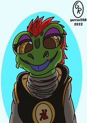  amphibian anthro blue_tongue eyeshadow female frog garrus368 green_body hi_res makeup ninja purple_eyeshadow shizen shizen_(garrus368) smile solo tongue warrior yellow_eyes 