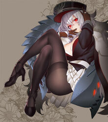  azur_lane black_pantyhose breasts brown_gloves commentary_request crossed_legs female finger_sucking full_body fur_trim glint gloves good_meat_day graf_zeppelin_(azur_lane) hat high_heels jacket jacket_on_shoulders jewelry large_breasts long_hair long_sleeves military_hat musha_sabu pantyhose pleated_skirt pussy_juice red_eyes rigging ring saliva skirt solo thighband_pantyhose very_long_hair wedding_ring white_hair 