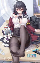  2girls :o absurdres ahoge armband azur_lane between_breasts black_bag black_bow black_bowtie black_hair black_skirt book bottle bow bowtie breasts cheshire_(azur_lane) chibi cleavage collared_shirt commentary_request crossed_bangs curtains desk dress_shirt fake_trading_card feet fine_fabric_emphasis foot_focus foot_out_of_frame glasses hair_between_eyes handheld_game_console highres huge_ahoge indoors jacket kanon_(sinto) large_breasts leaning_back leg_up long_hair long_sleeves multiple_girls nintendo_switch no_bra no_shoes official_alternate_costume on_desk open_clothes open_jacket panties panties_under_pantyhose pantyhose paper partially_unbuttoned pleated_skirt presenting_foot red_eyes red_jacket round_eyewear school_uniform see-through see-through_legwear shirt sitting skirt spill taihou_(azur_lane) taihou_(sweet_time_after_school)_(azur_lane) the_legend_of_zelda the_legend_of_zelda:_breath_of_the_wild thighband_pantyhose toes trading_card underwear water white_shirt yellow_armband yu-gi-oh! 