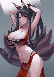  akagi_(azur_lane) akagi_(paradise_amaryllis)_(azur_lane) animal_ear_fluff animal_ears armpits arms_behind_head arms_up azur_lane bare_shoulders bikini black_wristband blunt_bangs breasts brown_hair brown_tail cleavage collarbone commentary_request covered_nipples cowboy_shot female fox_ears fox_girl fox_tail grey_background highres kitsune kyuubi large_breasts long_hair looking_at_viewer maanu multi-strapped_bikini multiple_tails navel official_alternate_costume open_mouth parted_lips ponytail red_bikini red_eyes red_sarong sarong simple_background solo stomach swimsuit tail wristband yellow_eyes 