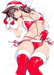  absurdres amano_megumi amano_megumi_wa_suki_darake! aqua_eyes bikini blush breasts bright_pupils brown_hair christmas female fur_trim gloves hat highres large_breasts long_hair looking_at_viewer lying navel nekoguchi official_art on_back red_bikini red_gloves red_thighhighs santa_bikini santa_costume santa_hat side-tie_bikini_bottom smile snow snowing snowman solo swimsuit thighhighs 