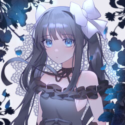  arcaea bad_id bad_pixiv_id bare_shoulders black_camisole black_choker black_gloves black_hair black_ribbon blue_eyes blue_flower blunt_bangs bow breasts camisole choker collarbone dress elbow_gloves female flower gloves hairbow highres leaf looking_at_viewer medium_breasts petals ribbon ribbon_choker sidelocks solo strapless strapless_dress tairitsu_(arcaea) twintails upper_body white_bow yagen_(user_mxur3238) 