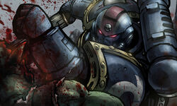  1boy 1other adeptus_astartes armor blood chainsword commentary_request full_armor glowing glowing_eyes grey_background helmet highres holding holding_sword holding_weapon jazz_jack male_focus orc ork_(warhammer) punching red_eyes skull skull_ornament sword ultramarines warhammer_40k weapon 