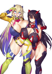  2girls :d asymmetrical_docking bare_shoulders black_hair black_leotard blonde_hair blue_eyes blue_hair breast_press breasts cleavage closed_mouth copyright_request curvy glasses gloves green_gloves highres huge_breasts impossible_clothes impossible_leotard large_breasts leotard long_hair long_sleeves looking_at_viewer melon22 multicolored_clothes multicolored_hair multicolored_legwear multicolored_leotard multiple_girls open_mouth original paisu-chan_(yashiro_sousaku) pink-framed_eyewear purple_hair red_eyes red_gloves salute semi-rimless_eyewear shrug_(clothing) simple_background smile streaked_hair thick_thighs thighhighs thighs two-tone_hair under-rim_eyewear very_long_hair white_background wide_hips 