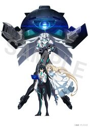  2girls aqua_eyes black_hair blonde_hair blue_eyes bodysuit dress dual_wielding energy_gun eve_(gundam_build_divers_re:rise) floating glowing glowing_eye glowing_eyes gun gundam gundam_build_divers gundam_build_divers_re:rise handgun highres holding holding_gun holding_weapon holographic_interface kusumegi_shin&#039;ya long_hair may_(gundam_build_divers_re:rise) mecha mobile_doll_may multiple_girls official_art one-eyed robot sample_watermark second-party_source shrug_(clothing) toida_juri very_long_hair watermark weapon white_background white_dress wodom_pod 