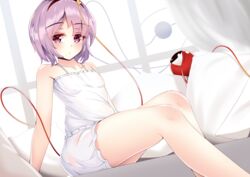  bed bloomers blush closed_mouth collarbone commentary curtains eyelashes female hairband highres ke-ta_(style) knees komeiji_satori looking_at_viewer mantou_xiang pillow purple_eyes purple_hair red_hairband short_hair solo standing tank_top thighs third_eye touhou underwear 