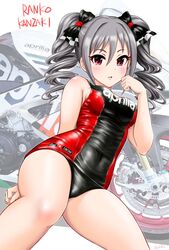  arm_behind_back black_one-piece_swimsuit blush bow character_name commentary_request covered_navel drill_hair female flick_(sal23) grey_hair hairbow highres idolmaster idolmaster_cinderella_girls kanzaki_ranko looking_at_viewer medium_hair motor_vehicle motorcycle one-piece_swimsuit parted_lips purple_eyes solo swimsuit thighs twin_drills twitter_username 