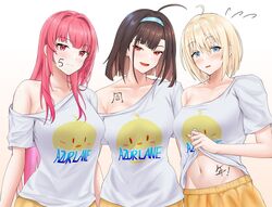  3girls :d ahoge alternate_costume anniversary azur_lane bataan_(azur_lane) blonde_hair blue_eyes blunt_bangs blush body_writing breasts brown_hair character_print closed_mouth clothes_lift clothes_writing collarbone commentary_request cowboy_shot flying_sweatdrops groin hair_between_eyes hair_intakes hairband highres independence_(azur_lane) jakqbigone large_breasts lifting_own_clothes long_hair looking_at_viewer manjuu_(azur_lane) medium_hair multiple_girls navel official_alternate_costume open_mouth pink_eyes pink_hair princeton_(azur_lane) red_eyes shirt shirt_lift short_hair short_sleeves shorts side-by-side sidelocks simple_background single_bare_shoulder slit_pupils smile standing stomach t-shirt translation_request white_shirt yellow_shorts 