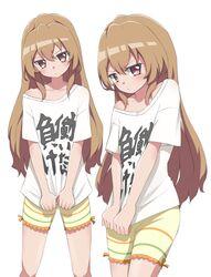  absurdres aisaka_taiga blush brown_eyes brown_hair clothes_writing commentary cosplay cowboy_shot female futaba_anzu futaba_anzu_(cosplay) hair_between_eyes highres idolmaster idolmaster_cinderella_girls long_hair looking_at_viewer looking_to_the_side md5_mismatch mooramango multicolored_clothes multicolored_shorts multiple_views pout resolution_mismatch shirt shirt_tug shorts simple_background standing t-shirt text_print toradora! translated white_background white_shirt you_work_you_lose 