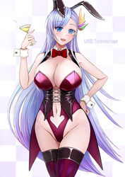  animal_ears azur_lane bare_shoulders blue_eyes bow bowtie breasts cameltoe character_name checkered_background clothing_cutout cocktail_glass commentary_request cup detached_collar drinking_glass fake_animal_ears female highleg highleg_leotard highres huge_breasts leotard light_purple_hair long_hair looking_at_viewer navel navel_cutout official_alternate_costume open_mouth playboy_bunny purple_thighhighs rabbit_ears red_leotard sai-go simple_background smile solo standing strapless strapless_leotard thighhighs ticonderoga_(azur_lane) ticonderoga_(show_stopper!)_(azur_lane) two-tone_legwear very_long_hair wrist_cuffs 