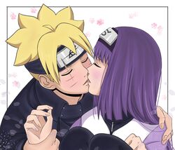  1boy aged_up blonde_hair blue_eyes blue_hair boruto:_naruto_next_generations closed_eyes facial_mark female headband holding_hands kakei_sumire kissing knees_up mile_borusumi naruto naruto_(series) purple_eyes purple_hair spiked_hair straight uzumaki_boruto whisker_markings whiskers white_background 