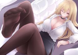  absurdres azur_lane black_choker black_skirt blonde_hair breasts brown_pantyhose choker collared_shirt female foot_out_of_frame foot_up high-waist_skirt highres huge_breasts implacable_(azur_lane) implacable_(shepherd_of_the_&quot;lost&quot;)_(azur_lane) long_hair looking_at_viewer lying office_lady official_alternate_costume on_back one_eye_closed osatou_(soul_of_sugar) pantyhose partially_unbuttoned pencil_skirt see-through see-through_shirt shirt shirt_tucked_in silhouette skirt solo 