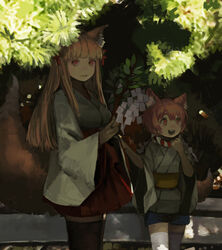  2girls animal_ears bangs check_character commentary_request cowboy_shot height_difference highres holding long_hair long_sleeves looking_at_viewer miniskirt multiple_girls orange_eyes orange_hair oshiro_project_re outdoors plant sara_manta senko_(oshiro_project) shade short_hair short_shorts shorts skirt smile standing tail thighhighs tsubasa_(oshiro_project) wide_sleeves 