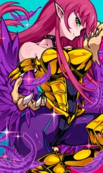  absurdres animal_hands aqua_marine_(aqua000marine) armor bad_id bad_pixiv_id bare_shoulders blue_background boobplate breasts claws commentary cyber_shield_(yu-gi-oh!) cyber_slash_harpie_lady duel_monster feathered_wings feathers female green_eyes harpie_lady harpy highres large_breasts long_hair monster_girl pantyhose pink_hair pointy_ears purple_feathers purple_pantyhose purple_wings solo sparkle spiked_armor very_long_hair winged_arms wings yu-gi-oh! 