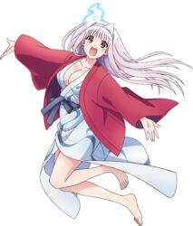  :d albino barefoot bath_yukata breasts cleavage female floating_hair full_body ghost hanten_(clothes) highres japanese_clothes kimono large_breasts long_sleeves looking_at_viewer official_art open_mouth outstretched_arms smile solo spread_arms transparent_background triangular_headpiece yukata yunohana_yuuna yuragisou_no_yuuna-san 