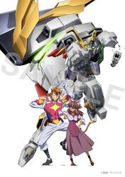  1boy abs animal_ear_fluff animal_ears annoyed brown_hair clenched_hand clenched_teeth company_name damaged ear_piercing elbowing female glowing glowing_eyes green_eyes grey_eyes gundam gundam_aegis_knight gundam_build_divers gundam_build_divers_re:rise gundam_justice_knight hand_on_own_hip headband highres kusumegi_shin&#039;ya looking_down maiya_(gundam_build_divers_re:rise) mecha official_art piercing red_headband robot sample_watermark second-party_source tail teeth toida_juri torimachi_kazami watermark white_background 