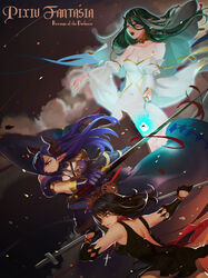  3girls bare_shoulders black_dress black_gloves black_hair blue_cape breasts cape cleavage commentary_request copyright_name cross cross_necklace dated detached_sleeves dress gloves hair_over_one_eye highres holding holding_sword holding_weapon horns jewelry long_hair medium_breasts multiple_girls music necklace pixiv_fantasia pixiv_fantasia_revenge_of_the_darkness pointy_ears purple_gloves red_eyes simple_background singing sword weapon white_dress wide_sleeves ying_shi_de_xia_yeji 