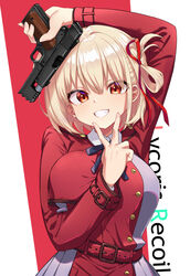  absurdres arm_up belt blonde_hair blue_ribbon breasts copyright_name dress female grey_dress grin gun hair_ribbon handgun highres holding holding_gun holding_weapon ivan_wang large_breasts looking_at_viewer lycoris_recoil lycoris_uniform m1911 neck_ribbon nishikigi_chisato one_side_up pleated_dress red_belt red_dress red_eyes red_ribbon ribbon short_hair smile solo two-tone_dress upper_body v_over_mouth weapon 