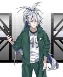  aek-999_(girls&#039;_frontline) ahoge commentary cowboy_shot deathalice earrings eyes_visible_through_hair female girls&#039;_frontline green_jacket green_pants green_track_suit grey_hair hair_between_eyes hand_in_pocket highres holding holding_knife holding_weapon jacket jewelry knife korean_commentary letterboxed long_hair looking_at_viewer open_clothes open_jacket outside_border pants parted_lips ponytail shirt solo squid_game symbol-only_commentary track_jacket track_pants track_suit very_long_hair weapon white_shirt yellow_eyes 