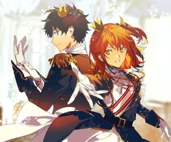  1boy ahoge alternate_costume aokiku bangs belt black_hair blue_eyes bow closed_mouth crown dress epaulettes eyebrows_visible_through_hair fate/grand_order fate_(series) feet_out_of_frame female formal fujimaru_ritsuka_(female) fujimaru_ritsuka_(female)_(halloween_royalty) fujimaru_ritsuka_(male) fujimaru_ritsuka_(male)_(halloween_royalty) gloves hair_ornament hair_scrunchie highres jacket long_sleeves looking_at_viewer mini_crown official_alternate_costume open_mouth orange_eyes orange_hair scrunchie shirt short_hair side_ponytail smile white_bow white_gloves white_shirt 