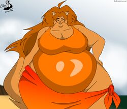  anthro beach belly big_belly chrisandcompany clothing daryl_vecat domestic_cat felid feline felis female mammal morbidly_obese morbidly_obese_anthro morbidly_obese_female obese obese_anthro obese_female overweight overweight_anthro overweight_female seaside small_head solo swimwear 