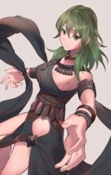  alternate_hair_color armlet black_dress bracelet breasts byleth_(female)_(fire_emblem) byleth_(fire_emblem) commentary dancer dancer_(fire_emblem:_three_houses) dress enlightened_byleth_(female) female fire_emblem fire_emblem:_three_houses green_eyes green_hair grey_background highres jewelry panda_inu parted_lips sideboob simple_background single-shoulder_dress solo 