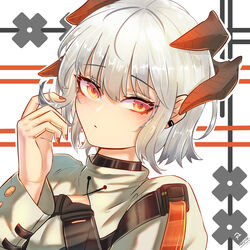  alternate_hair_length alternate_hairstyle arknights artist_name blush closed_mouth commentary dragon_horns dutch_angle earclip english_commentary female grey_hair hand_in_own_hair hand_up highres horns long_sleeves looking_at_viewer nail_polish najashi orange_eyes orange_nails saria_(arknights) shirt short_hair solo upper_body white_background white_shirt 