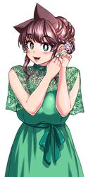  amano_megumi amano_megumi_wa_suki_darake! aqua_eyes bead_necklace beads blush bright_pupils brown_hair commentary_request dress earrings female green_dress green_nails green_theme highres jewelry nail_polish necklace nekoguchi oerba_yun_fang official_art open_mouth see-through simple_background sleeveless sleeveless_dress solo updo white_background 