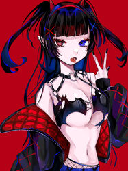  absurdres bare_shoulders black_hair black_jacket black_nails blue_eyes blue_hair breasts chest_harness commentary demon_girl demon_horns earrings eyelashes female fingernails hair_ornament hairband harness heterochromia highres horns jacket jewelry long_eyelashes long_fingernails long_hair mamiya_miya multicolored_hair nail_polish navel o-ring oerba_yun_fang open_mouth original padded_jacket pointy_ears red_background red_eyes red_hairband red_horns simple_background skin_fang skindentation solo symbol-only_commentary tongue tongue_out torn torn_clothes twintails w x x_hair_ornament 