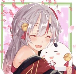  :d ^_^ absurdres bad_id bad_pixiv_id bare_shoulders bell blush closed_eyes commentary_request female gradient_hair grey_hair hair_bell hair_between_eyes hair_bun hair_ornament highres hololive horns hug jingle_bell long_hair mask mask_on_head multicolored_hair nakiri_ayame nakiri_ayame_(1st_costume) nono_i831 oerba_yun_fang off_shoulder oni oni_mask open_mouth petals poyoyo_(nakiri_ayame) red_hair single_hair_bun single_side_bun skin-covered_horns smile streaked_hair upper_body virtual_youtuber 