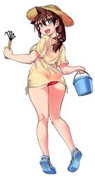  amano_megumi amano_megumi_wa_suki_darake! aqua_eyes ass bikini bikini_under_clothes blue_footwear blush bright_pupils brown_hair bucket crocs female full_body halterneck hand_cultivator hat highres holding holding_bucket kneepits long_hair looking_at_viewer looking_back nekoguchi non-web_source oerba_yun_fang official_art open_mouth red_bikini shirt short_sleeves side-tie_shirt simple_background solo straw_hat sun_hat swimsuit t-shirt trowel white_background yellow_shirt 