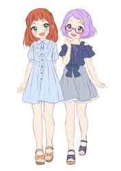  2girls :d absurdres aikatsu!_(series) aikatsu_stars! bad_id bad_twitter_id blue_dress blue_eyes blue_shirt bob_cut bow braid brown_hair dress french_braid glasses grey_skirt hairbow highres medium_hair multiple_girls nanakura_koharu oerba_yun_fang open_mouth pink-framed_eyewear puffy_short_sleeves puffy_sleeves purple_eyes purple_hair sandals saotome_ako sekina semi-rimless_eyewear shirt short_hair short_sleeves simple_background skirt smile standing under-rim_eyewear white_background yellow_bow 