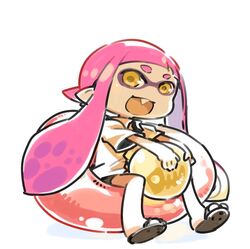  bad_id bad_twitter_id ball bike_shorts female full_body holding inkling inkling_girl inkling_player_character innertube long_hair looking_at_viewer mota open_mouth orange_hair pointy_ears salmon_run_(splatoon) sandals shorts simple_background smile solo splatoon_(series) swim_ring tentacle_hair white_background yellow_eyes 