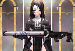  absurdres ada-1 black_hair blue_eyes chickenvomit commentary_request covered_navel destiny_(game) facial_tattoo female gun highres holding holding_weapon izanagi&#039;s_burden_(destiny) long_hair pelvic_curtain personification pouch rifle sniper_rifle strap tattoo weapon 