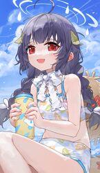  :d absurdres ahoge black_hair blue_archive blue_sky blunt_bangs bottle bow_choker braid breasts choker cloud cloudy_sky collarbone commentary female hair_ribbon halo hat hat_on_back highres holding holding_bottle leaf leaf_on_head long_hair looking_at_viewer low_twintails midriff miyu_(blue_archive) miyu_(swimsuit)_(blue_archive) official_alternate_costume official_alternate_hairstyle outdoors red_eyes ribbon ribbon_choker sentter sidelocks sitting sky sleeveless small_breasts smile solo straw_hat sun_hat twin_braids twintails water_bottle white_choker 